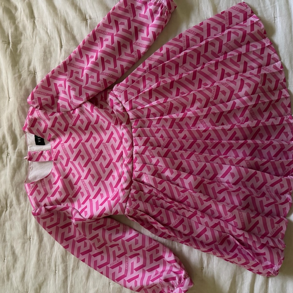 Versace Pink Geometric Print Long Sleeve Girls Dress